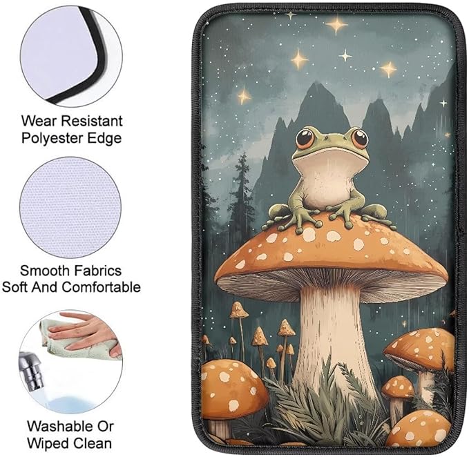 Frog Mushroom Print Car Center Console Pad for Women Men, Universal Auto Armrest Box Protector for Most Cars SUV Trucks Vans