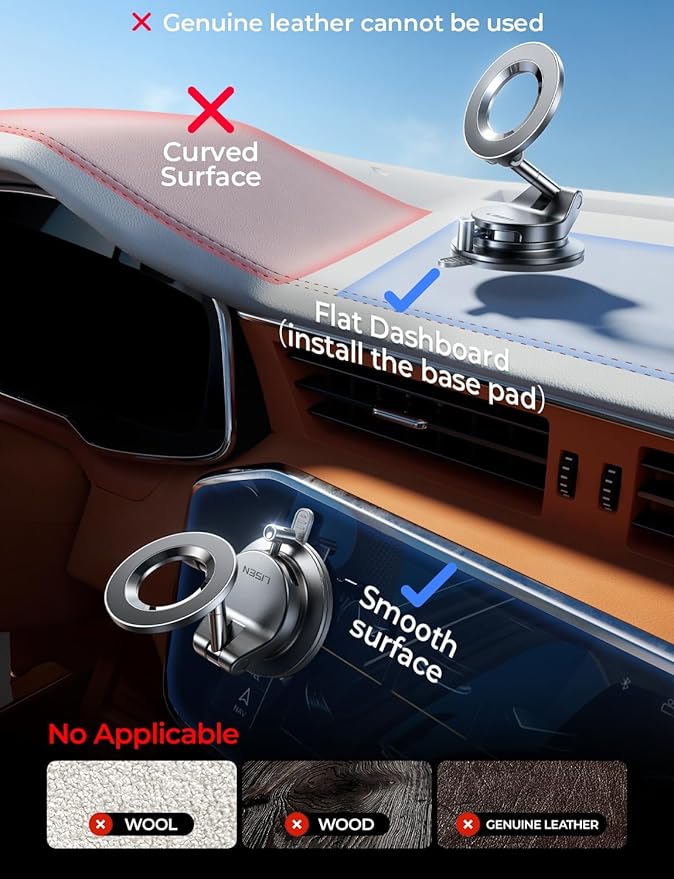 LISEN for Magsafe Car Mount, Cell Phone Holders for Your Car, Magnetic Car Accessories for Women Men Jeep Truck, Vacuum Gifts Kits for iPhone 17 Pro Max 16 15 14 13 12, Samsung S26, No Glue