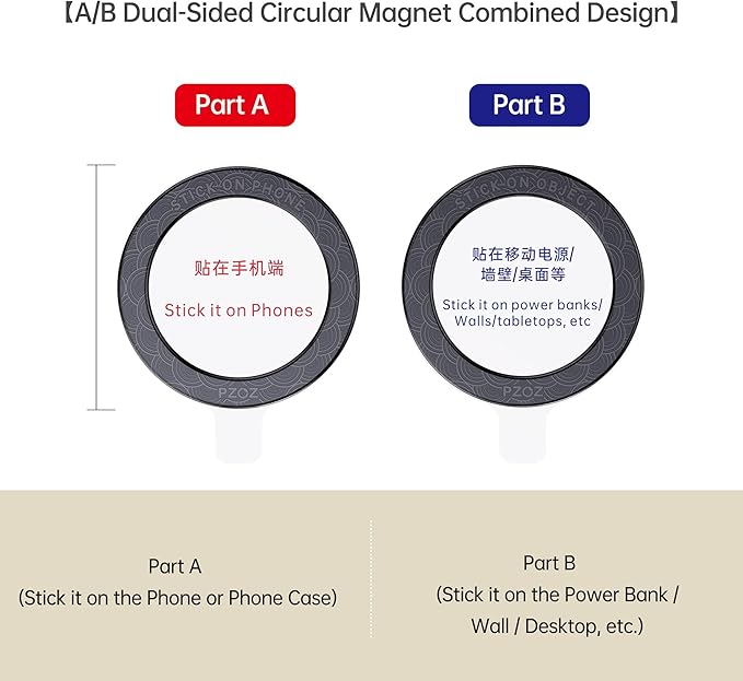 PZOZ A/B Dual-Sided (1 Set) Magnetic Ring Sticker for MagSafe iPhone 16 Holder Phone Case Suction Cup Wireless Charger Car Mount Bathroom Kitchen, for iPhone 15 14 13 12 Pro Max, Samsung (Black)