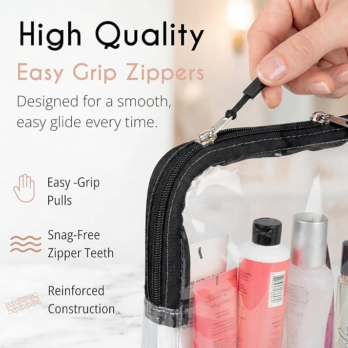 BORSALI TSA Approved Toiletry Bag - Clear Quart Size for 3-1-1 LIquids for Carry On Travel - Toiletries Organizer - Cosmetic Pouch with Zipper - Travel Accessories - 4 Pack
