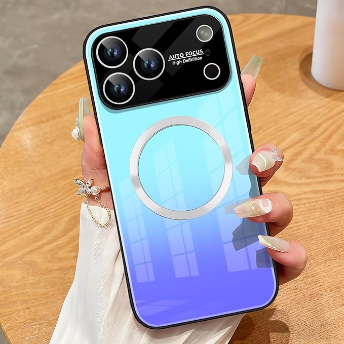 Guppy Compatible with iPhone 17 Pro Magnetic Case, with Full Camera Lens Protector [Compatible with MagSafe] Scratch Resistant Gradient Glass Back Cover Phone Case-Blue