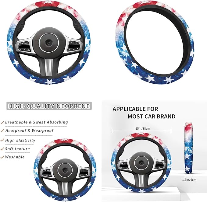 America Flag Print Car Steering Wheel Cover Independence Day Car Accessories Handbrake Cover Cup Coaster Auto Interiors Decor for Men Women 6pcs