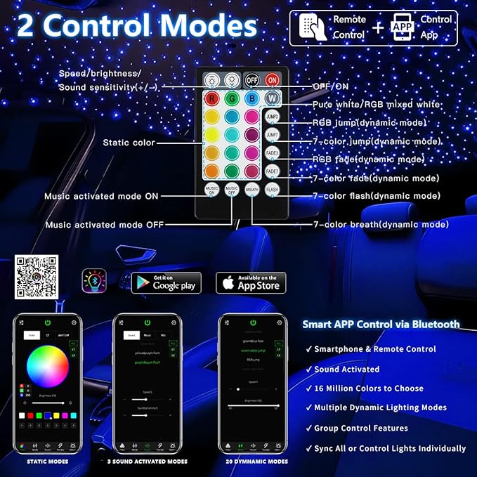 Small Size 16W RGBW APP Music Activated Fiber Optic Lights, 500pcs*0.03in(9.8ft/3m) Optical Fiber Star Ceiling Light Kit for Car Headliner Star/Home