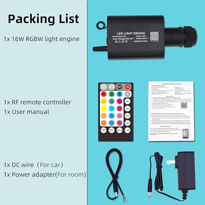 16W Bluetooth APP Control Music Sync Fiber Optic Light Source RGBW Light Box Engine Diver for Car Starlight Headliner Home Indoor Star Ceiling Decoration