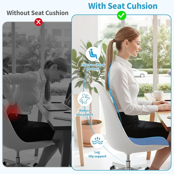 XLarge Seat Cushion, Memory Foam Cushion for Long Sitting Hours on Office Chair, Home & Car, Non-Slip Chair Pad for Relieving Back & Sciatica & Hip & Coccyx Pain (Light Blue)
