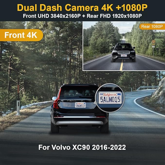 Fitcamx Front 4K+Rear 1080P Dash Cam Adapts for Volvo XC90 2016-2022 T5 T6 T8 (Model A), Integrated OEM Look, Dual HD Video, Loop Recording, Built-in WiFi & APP, G-Sensor, Easy to Set, 128GB Card