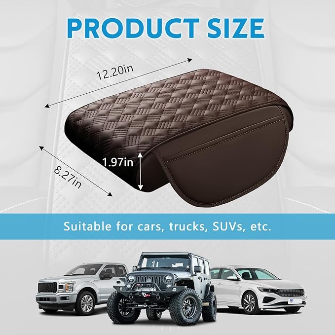 wuyaoyao Car Center Console Cover, 12.2"×8.27"×1.97" Leather Center Console Protector, Auto Armrest Pad with 2 Storage Pocket, Universal Armrest Cover Cushion for Most Cars, Trucks, SUVs (Coffee)