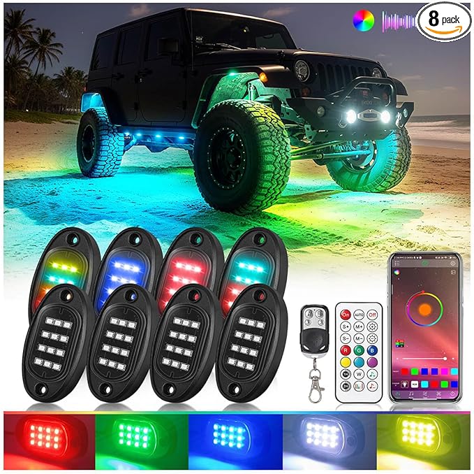8Pods RGB LED Rock Lights for Jeep Golf Cart ATV UTV Trucks Offroad RZR SXS Four Wheeler with APP/RF Remote Control, Multicolor Dynamic Color Changing Underglow Kits Music Mode 12V Waterproof Chasing