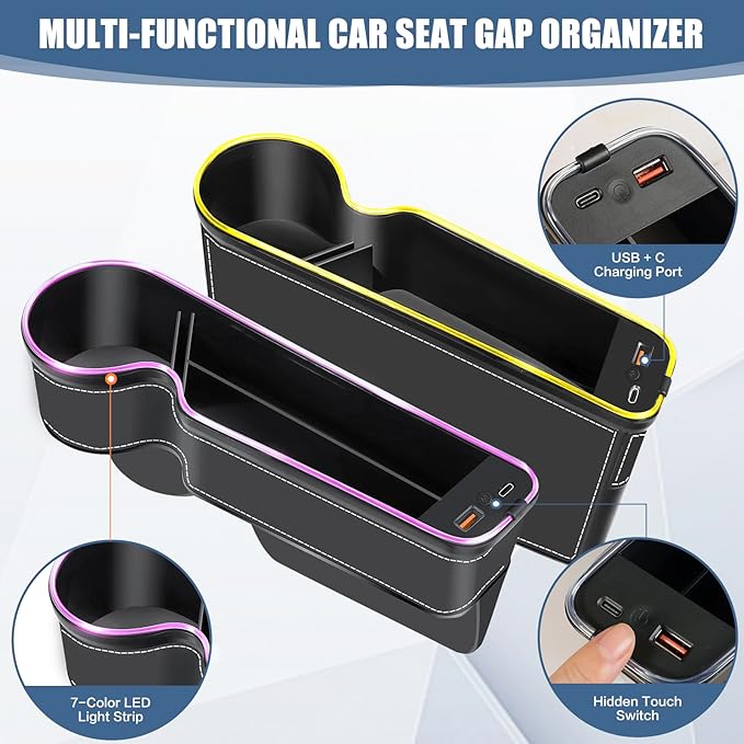 7 Color Led Car Seat Gap Organizer Car Seat Pocket Gap Filler with USB+C Charger,2 Pack Car Seat Gap Storage Console Side Gap Filler with Cigarette Lighter 2026 Fast Charger Seat Gap Filler (Black)