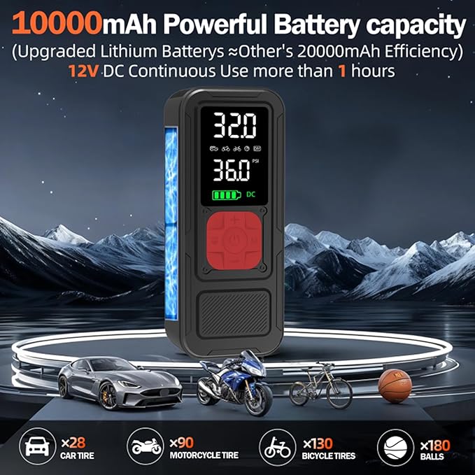 Y34 Tire Inflator Portable Air Compressor,4X Faster Inflation,10000mAh Cordless/12V DC 150PSI Air Pump for Car Tires with Digital Pressure Gauge/LED Light for Car,Motorcycle,Bike,Ball