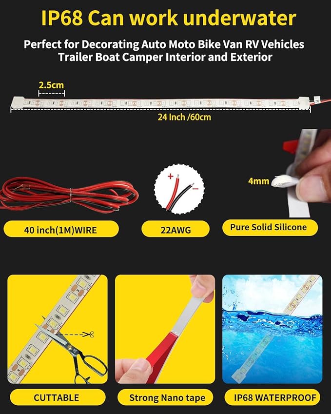 YM E-Bright Car Led Strip Lights Cuttable Underbody Ambient Led Lighting for Motorcycle Trucks Van Boat Night Fishing Interior Exterior Waterproof IP68 24inch 60CM 72SMD 12v,Yellow/Amber(Pack of 4)