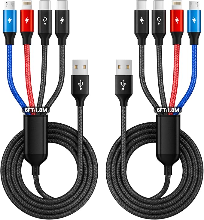 2Packs 6FT Dual Type-C 4 in 1 Multi Charging Cable for Multiple Devices with 2 USB-C/IP/Micro Port, USB Cable iPhone Charger Cord, Travel Car Accessories for iPhone17-8, Galaxy 25 Android iPad, More