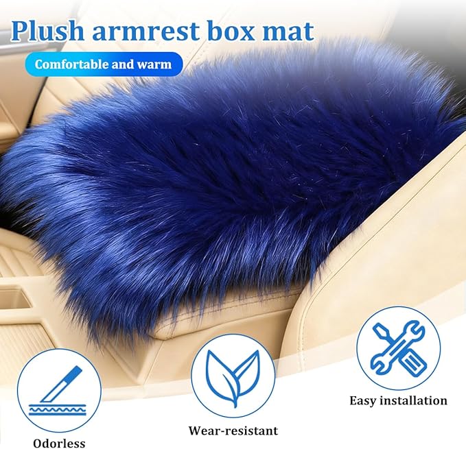 Car Center Console Cover, Fluffy Soft Vehicle Middle Console Arm Rest Cushion Pad, Furry Automotive Interior Armrest Seat Box Protector Decoration Accessories, Universal Fit (Royal Blue)