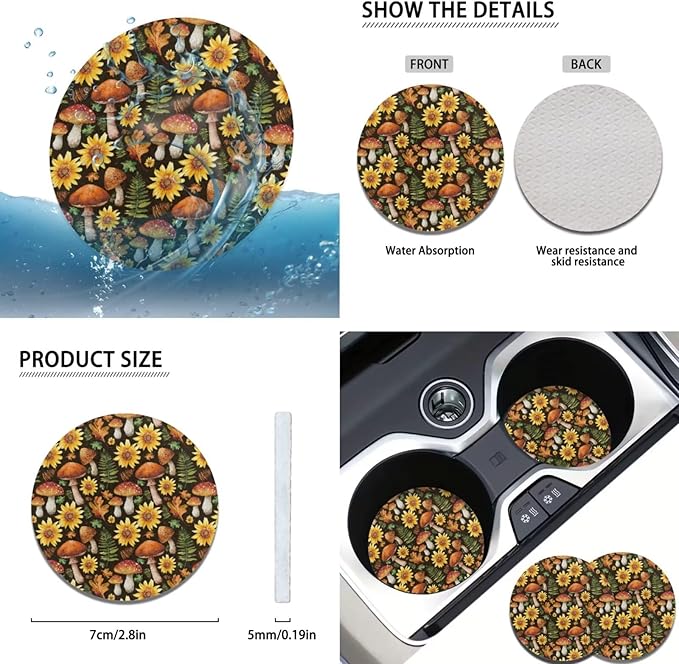 Mushroom 6pcs Car Steering Wheel Cover Set for Men Women Sunflower Car Interior Accessories Cup Coaster Handbrake Cover Universal Fit Auto,Suvs,Truck