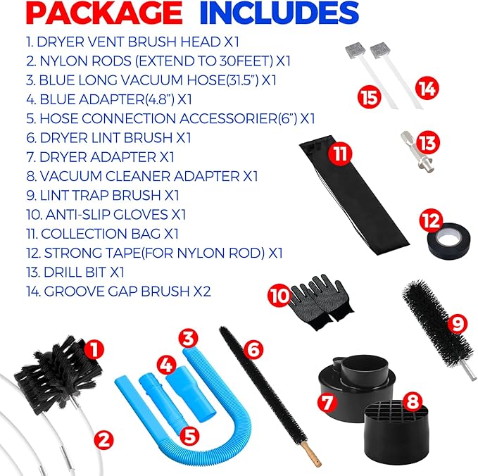 Holikme Dryer Vent Cleaner Kit, Include 30Feet Dryer Vent Cleaning Brush, Dryer Lint Vacuum Attachment, Lint Brush & Dryer Adapters, Blue