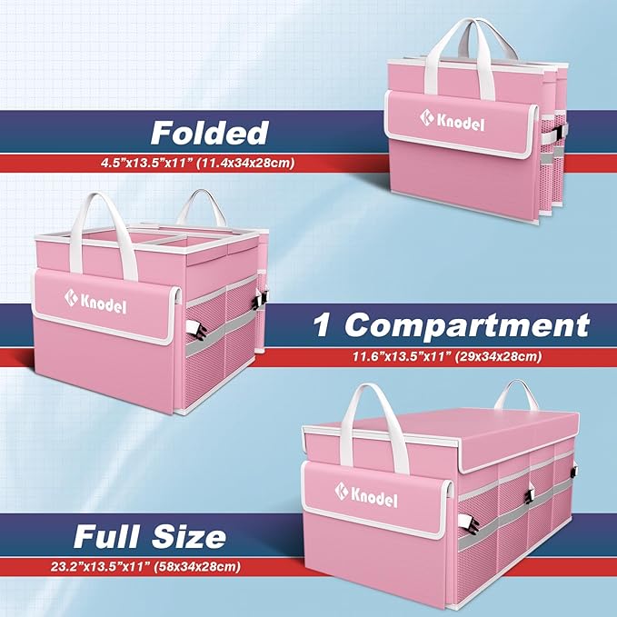 K KNODEL Car Trunk Organizer with Lid, Collapsible Car Trunk Storage Organizer, Car Organizer and Storage for SUV, Truck, Sedan (Medium, Pink)