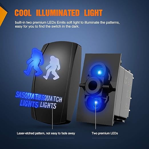 Nilight Sasquatch Lights Rocker Switch 5Pin Laser On/Off LED Light 20A/12V 10A/24V Switch Jumper Wires Set for Jeep Boat Trucks