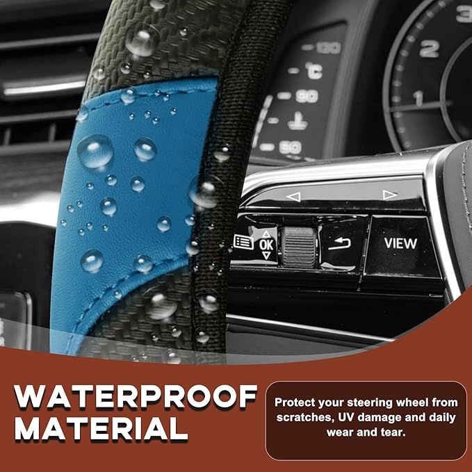 15" Car Steering Wheel Cover, Carbon Fiber Leather Stitching Elastic Steering Wheel Protector, Anti-Slip/Breathable/Durable/Soft, Interior Accessories for Most Cars (Carbon Fiber Black+Blue)