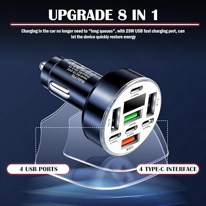 8 Port Car Charger Cigarette Lighter Adapter,Upgraded Car Charger Adapter with 25W USB Fast Charging & Voltage Monitoring,12/24V Cars Cigarette Lighter USB Chargers & Type-C Chargers