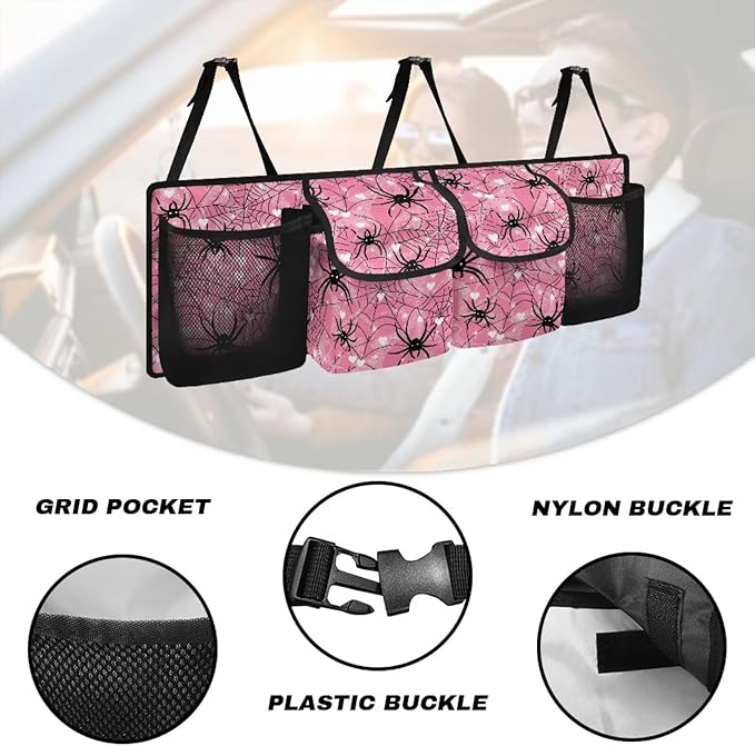Pink Spiderweb Car Trunk Organizer Bag Car Back Seat Hanging Storage Bag Auto Cargo Bags with 4 Large Pockets Universal Automotive Interior Accessories