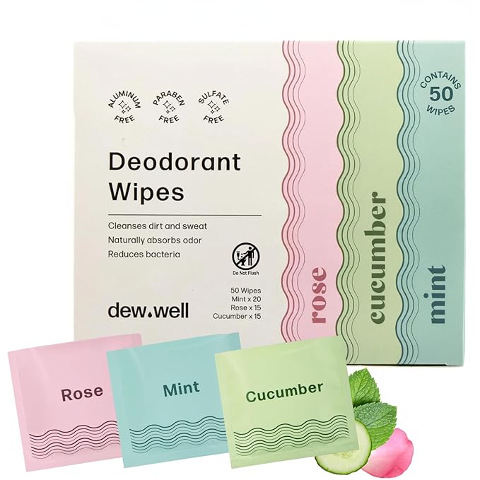 Dew Well Deodorant Wipes - On-the-Go Travel Deodorant - Fresh Mint, Rose & Cucumber Scents Body Wipes for Women - Aluminum, Paraben & Sulfate Free Mini Toiletries - 50 Count, Mint/Rose/Cucumber
