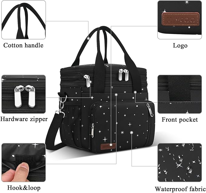 MIYCOO Lunch Bag & Lunch Box for Women Men, Double Deck Leakproof Insulated Soft Large Adult Camping Cooler bag for Work, Beach, Picnic, Travel (Black Starry Sky, 15L)