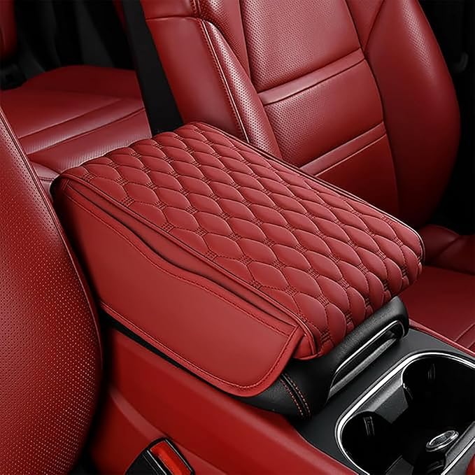 Car Center Console Cushion Pad for Hyundai Elantra 2017-2020, Leather Armrest Box Pad Armrest Cover Arm Rest Cover Pad with 2 Storage Bags Waterproof for Most Vehicles Vehicles SUVs, F/Red