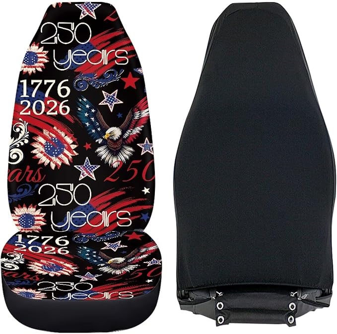 ELEQIN 250 Patriotic American Flag Car Front Seat Covers, 2 Pack Polyester Automotive Seat ProtectorsSoft & Breathable, Automotive Interior Accessories for Most Cars
