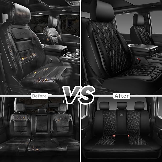 CAR PASS Thick Foam 3D Mesh Leather Car Seat Covers Full Set, Luxury Breathable Premuim Faux Leather Automotive Seat Covers, Airbag Compatible Universal Fit for Most Sedan Van Truck SUV, Pure Black