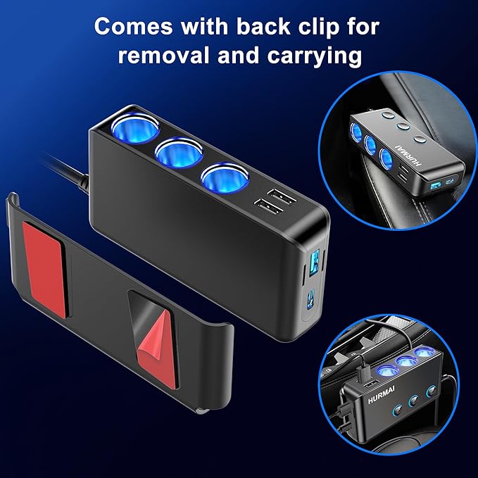 9 in 1 Cigarette Lighter Splitter,264W 3 Socket Car Cigarette Lighter Adapter,Type-C QC3.0 PD 30W Charging,Heavy Duty Truck Car USB Chager Multi Plug Outlet 12V/24V Independent Switches,LED Voltmeter