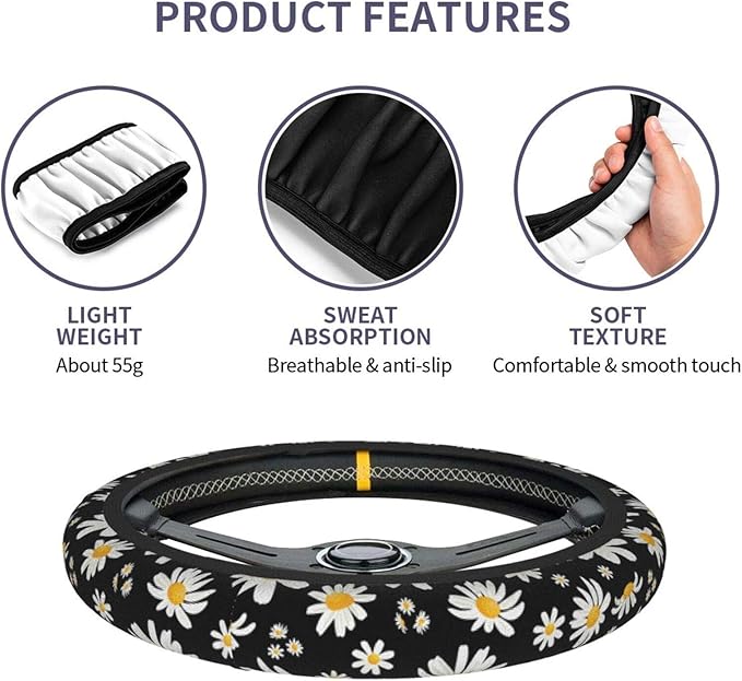 Cute Daisy Flowers Universal 15 Inch Steering Wheel Covers Non Slip Neoprene Car Wrap Cover for Adults