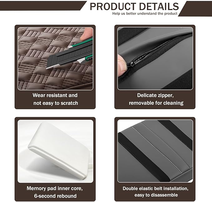 Car Armrest Cushion, 12.2"×8.3" Leather Auto Memory Foam Center Console Pad with Storage Pocket, Waterproof & Anti-Scratch Elbow Pillow Armrest Seat Box Protector, Universal Fit (Coffee)