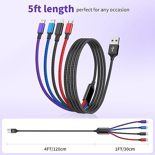 Dual IP 4 in 1 Multi Charging Cable [1Pack 5FT], Nylon Phone Charger USB Cable, Travel Charging Cords with IP/IP/Type C/Micro Port, Compatible with Most Cell Phones/Tablets and More