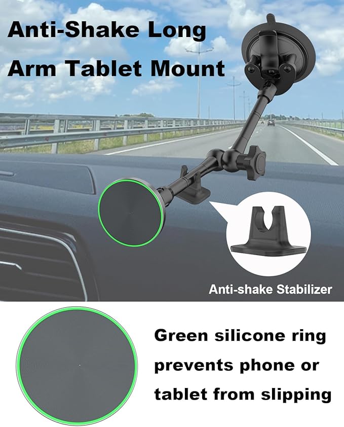 Heavy Duty Magnetic Tablet Mount for Truck Dashboard Windshield, Long Arm Suction Cup Car Mount for iPad Pro Air Mini 4–11'', MagSafe Holder for SUV Van Pickup iPhone 16/15 Galaxy