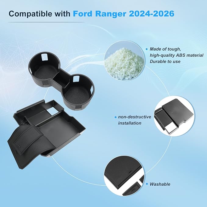 BIXUAN 2024-2026 Ranger Center Console Organizer for 2024 2025 2026 Ford Ranger Armrest Insert Tray+Console Cup Holder Middle Console Armrest Storage Box 2026 Ranger Accessories