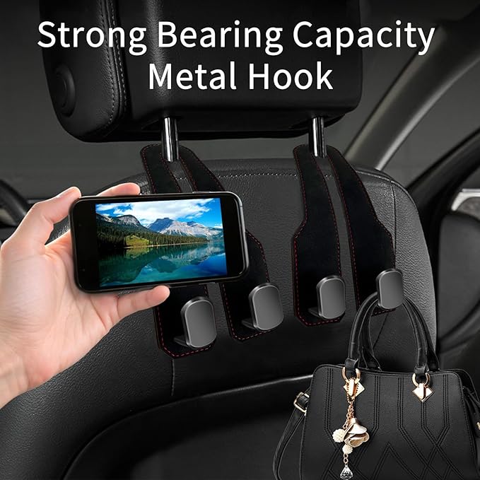 Car Seat Headrest Hooks for Purses and Bags, 4 Pack Bag Purse Holder for Car With Double Metal Hooks, Car Purse Hanger, Headrest Back Seat Handbags Hook Cute Hanging Accessories, Black