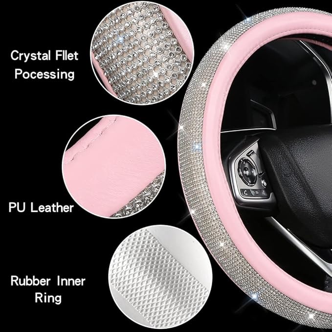 Steering Wheel Cover Women Pink Bling Diamond Steering Wheel Cover, Leather Cute Steering Wheel Covers with Crystal Rhinestones, Breathable, Anti-Slip Universal Fit 14.5-15 Inch Bling Car Accessories