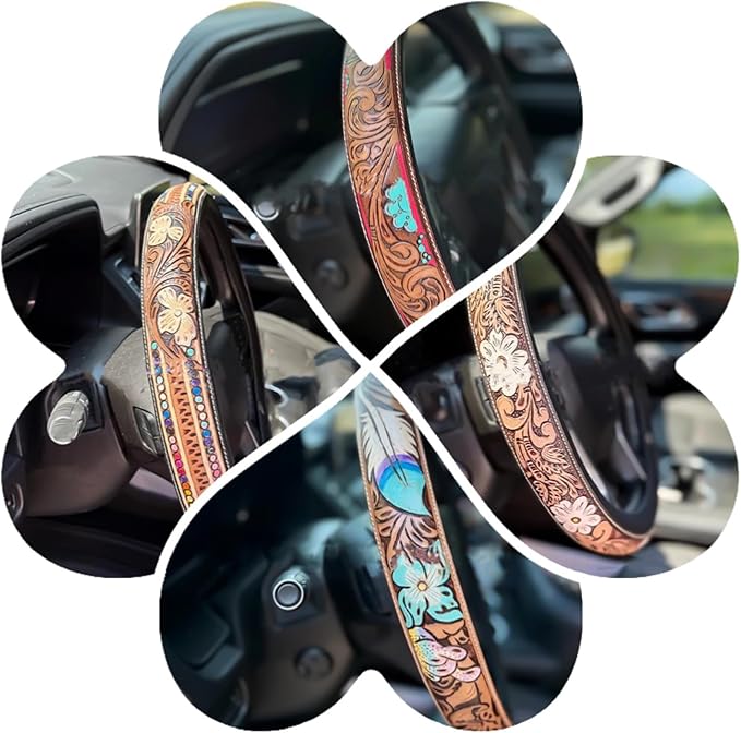 Retro Western Cowboy Car Universal Steering Wheel Cover, Embossed Handcrafted Tooled Leather Western,Anti Slip, Auto Interiors Accessories,Breathable for Trucks SUVs Cars (C)