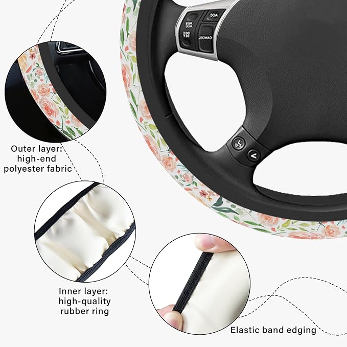 Colorful Flowers Steering Wheel Cover, Cute Printing Steering Wheel Cover Protector for Women, Ultra-Thin with Personalized Pattern Design, for Steering Wheel with a Diameter of 14.5"-15"