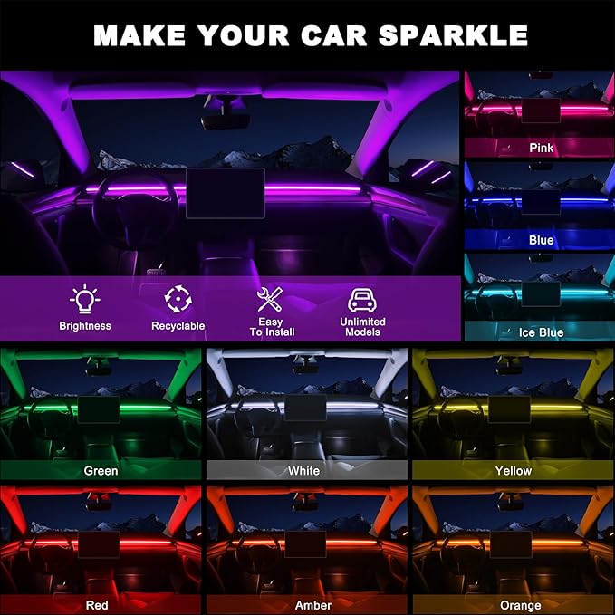 Acrylic Interior Car LED Strip Light with 6mm Sewing Edge - 43.3 inches Ambient Lighting Kits, Neon LED Strip Light(110CM/43.3IN, Ice Blue)