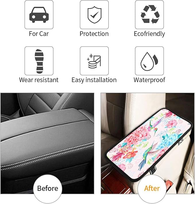 Hummingbird Floral Car Handrail Box Cushion Armrest Cover Auto Center Console Pad Car Decor 12.6X7.5 in