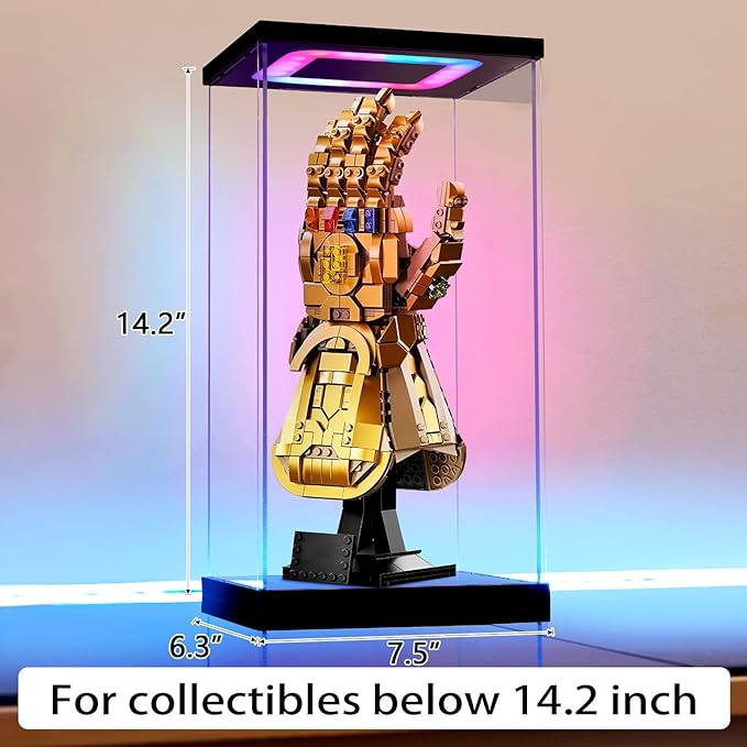 Clear Acrylic Display Case with Light for Lego 76191, Multiple Color Lights Dustproof Protection Display Box for Collectibles Action Figures（7.5×6.3×14.2inch）