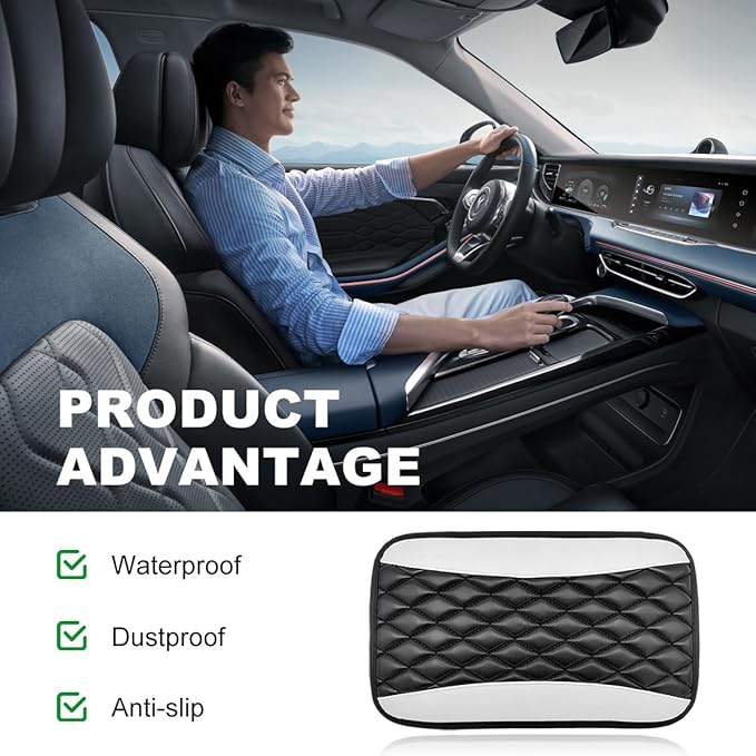 Car Center Console Cushion Pad, 12.6 × 7.48 Inches Waterproof Car Armrest Seat Box Cover, PU Leather Armrest Cover Protector for Most Vehicle, Universal Car Interior Accessories (White)