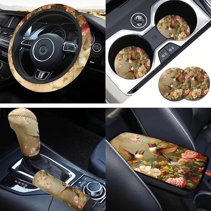 Magpies Birds Picture Steering Wheel Cover for Men Women Flower Car Interior Decor Cup Coaster Handbrake Cover Universal Fit Auto,Suvs,Truck