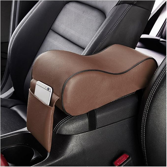 Car Center Console Cover, Soft Memory Foam Auto Arm Rest Pillow with Phone Holder Storage Bag, Waterproof Leather Armrest Seat Box Protector Comfy Cushion Pad for Most Cars (Coffee)