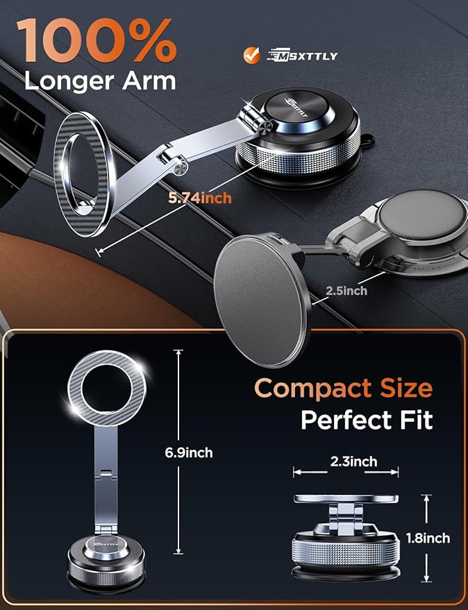 MSXTTLY Magnetic Car Phone Holder 360° Adjustable Tesla Phone Mount Foldable Car Mount 2026 Zinc-Alloy Magsafe Phone Holders for Your Car for iPhone 17 Pro Max 16 15 14 13 12 Plus, Carbon Fiber