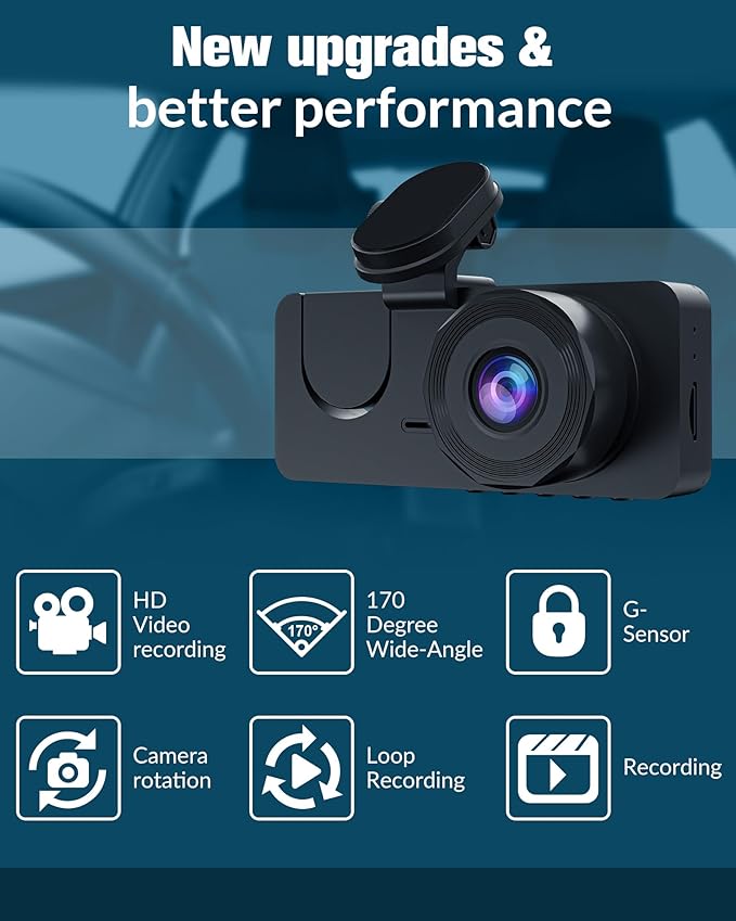 3 Channel Dash Cam,4K+1080P Dash Cam Front and Rear Inside, Dash Camera for Cars, Triple Car Camera with 32GB Card,Built-in G-Sensor, 2’’ IPS Display Car Camera,Loop Recording,24Hr Parking