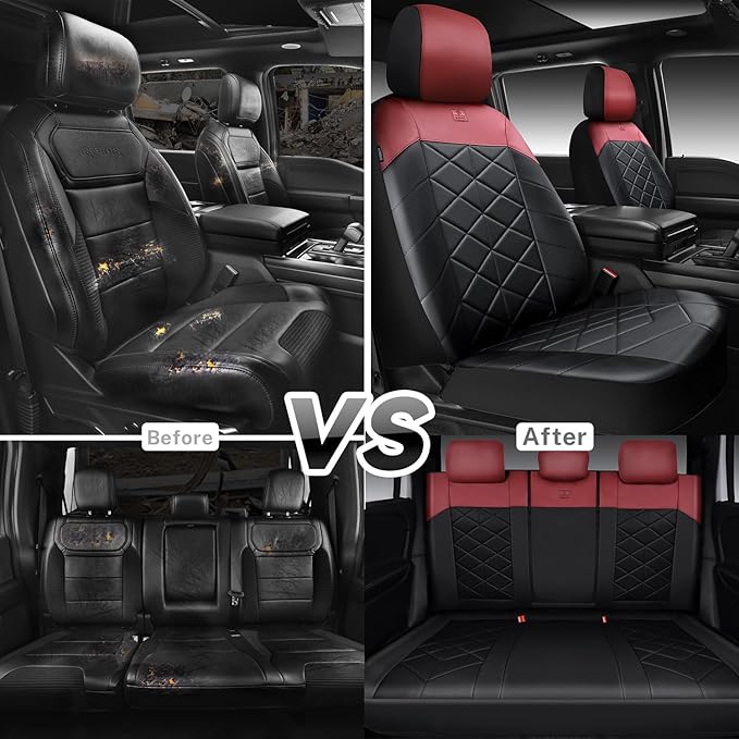 CAR PASS Nappa Leather Seat Covers for Car, Waterproof Seat Covers Full Set, Luxury 3D Rhombus Lined Sponge Airbag Compatible Universal Fit for Automotive SUV Truck Pickup Sedan, Black Red