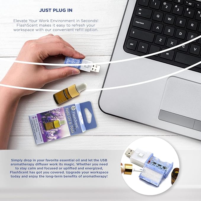 FlashScent USB Aromatherapy Essential Oil Diffuser for Home, Work, Car Refill Kit - Includes 2.5mL Bottle of 100% Pure Lavender Essential Oil and 4 Scent Pads for Our USB Diffuser