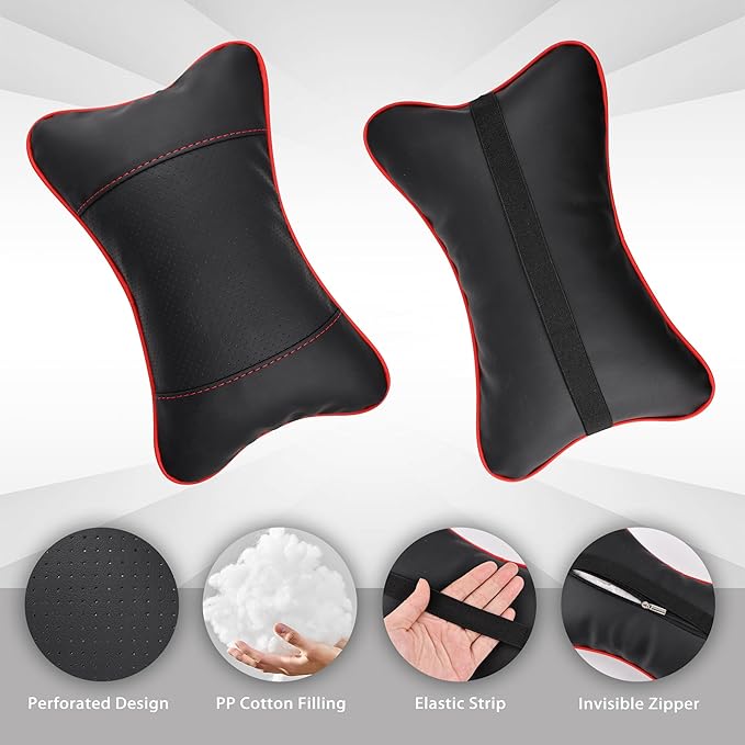 2 Pack Car Neck Pillow Soft Breathable Headrest Pillows for Driving Support, Universal Fit for Most Car Seats Decor Accessories（Black Red）